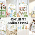 Load image into Gallery viewer, A collage of various birthday-themed items including invitations, thank you cards, posters, and more, all featuring dinosaur illustrations and designed for a child's first birthday.