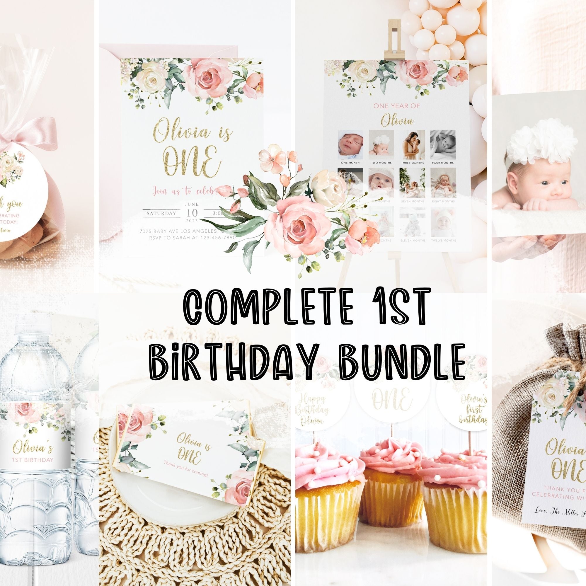 Blush Pink Floral 1st Birthday Bundle