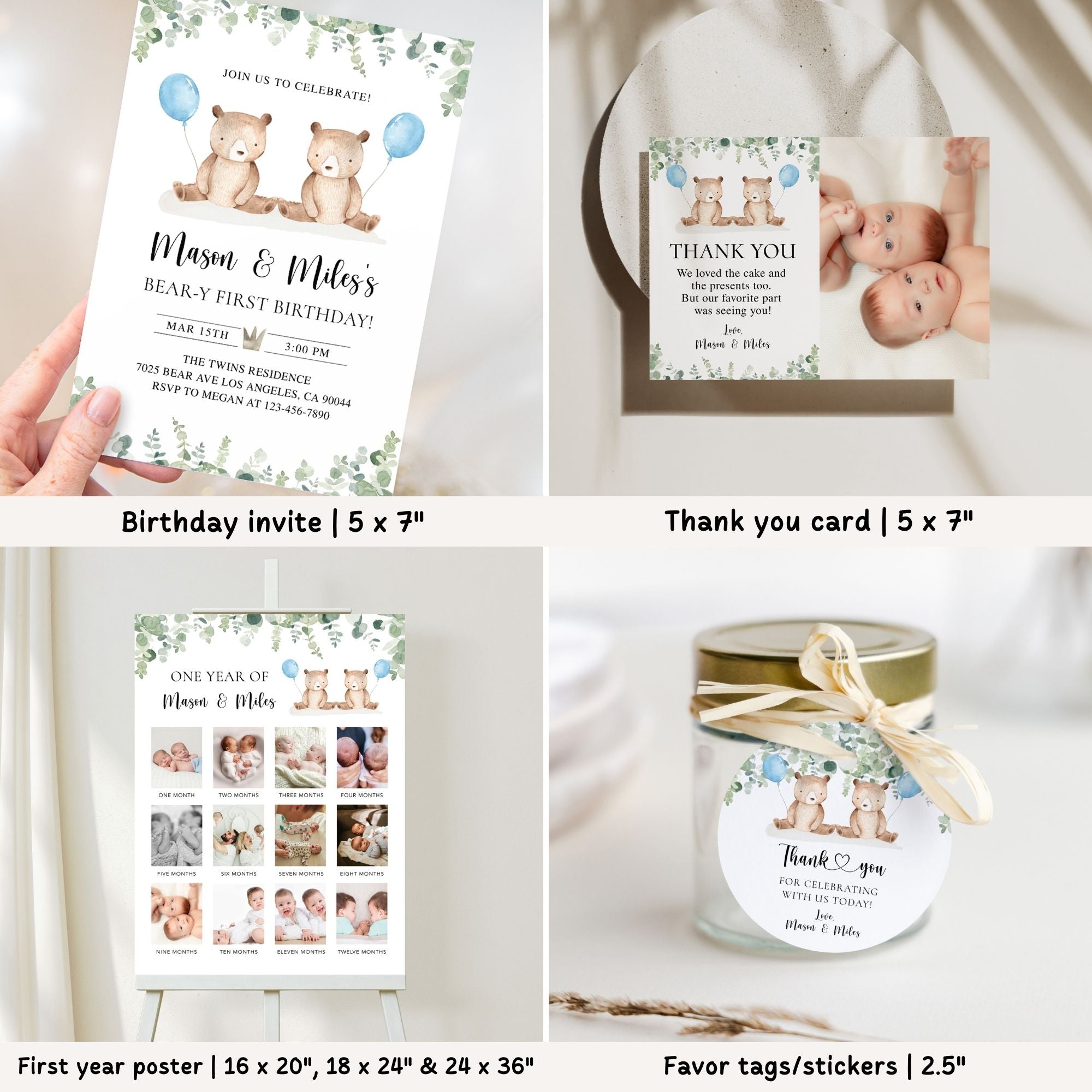 Twin Bears 1st Birthday Bundle