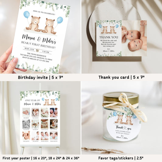 Twin Bears 1st Birthday Bundle