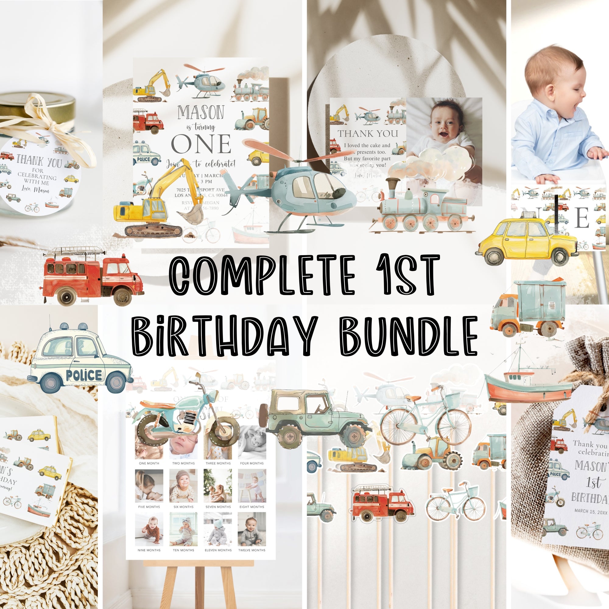 Transport Vehicles 1st Birthday Bundle