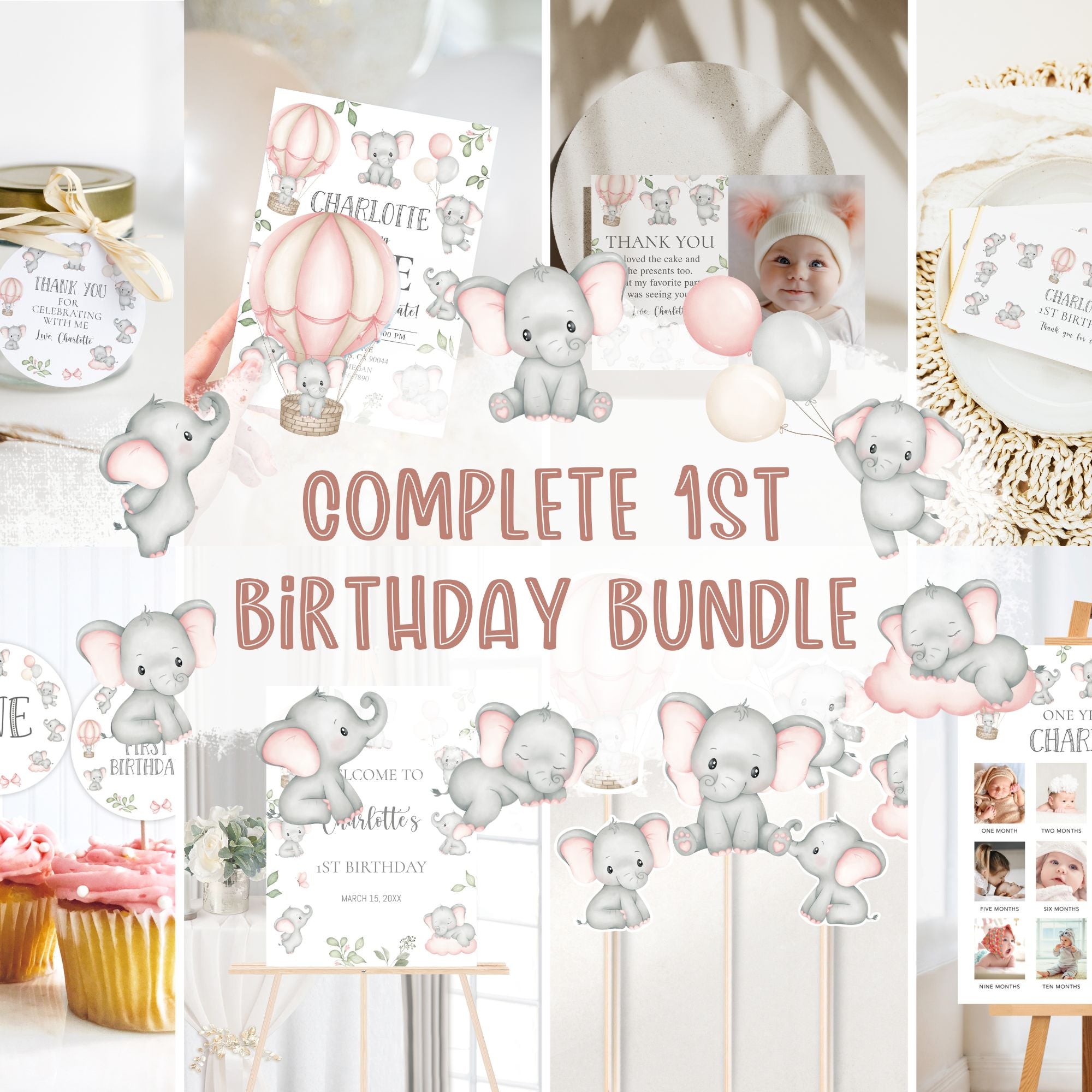 Pink Elephants 1st Birthday Bundle