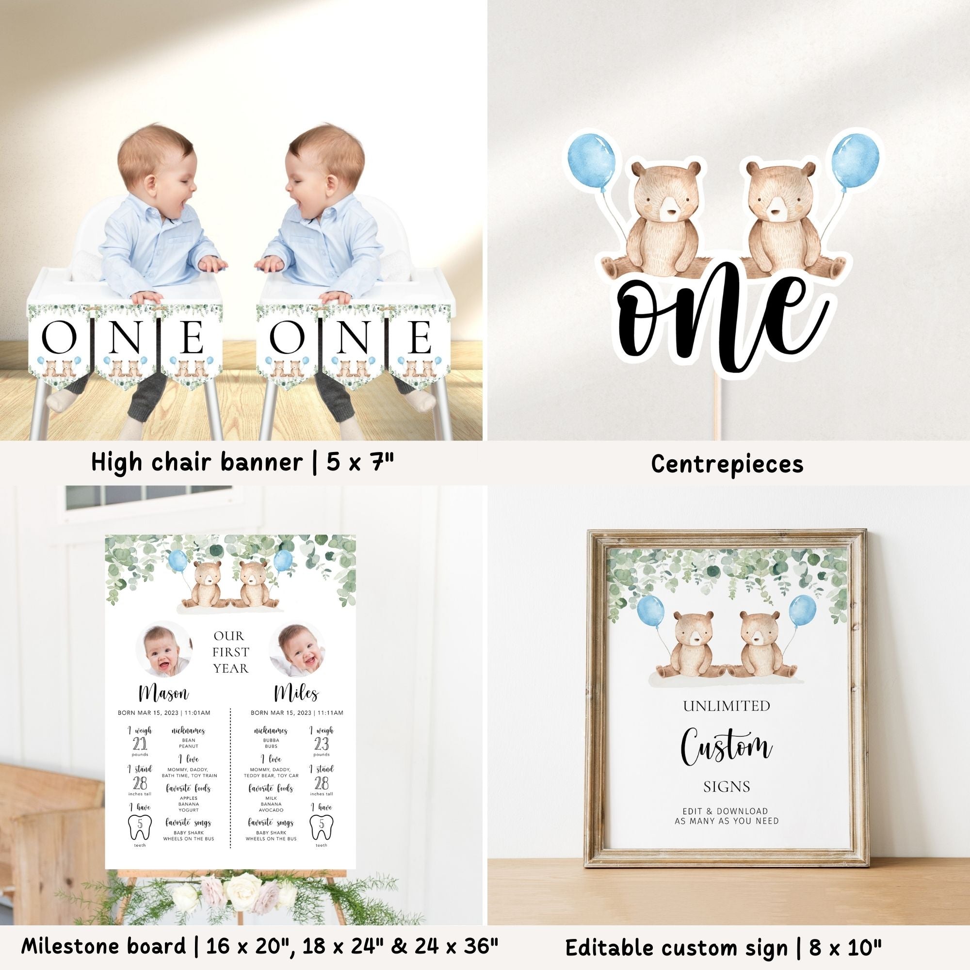 Twin Bears 1st Birthday Bundle