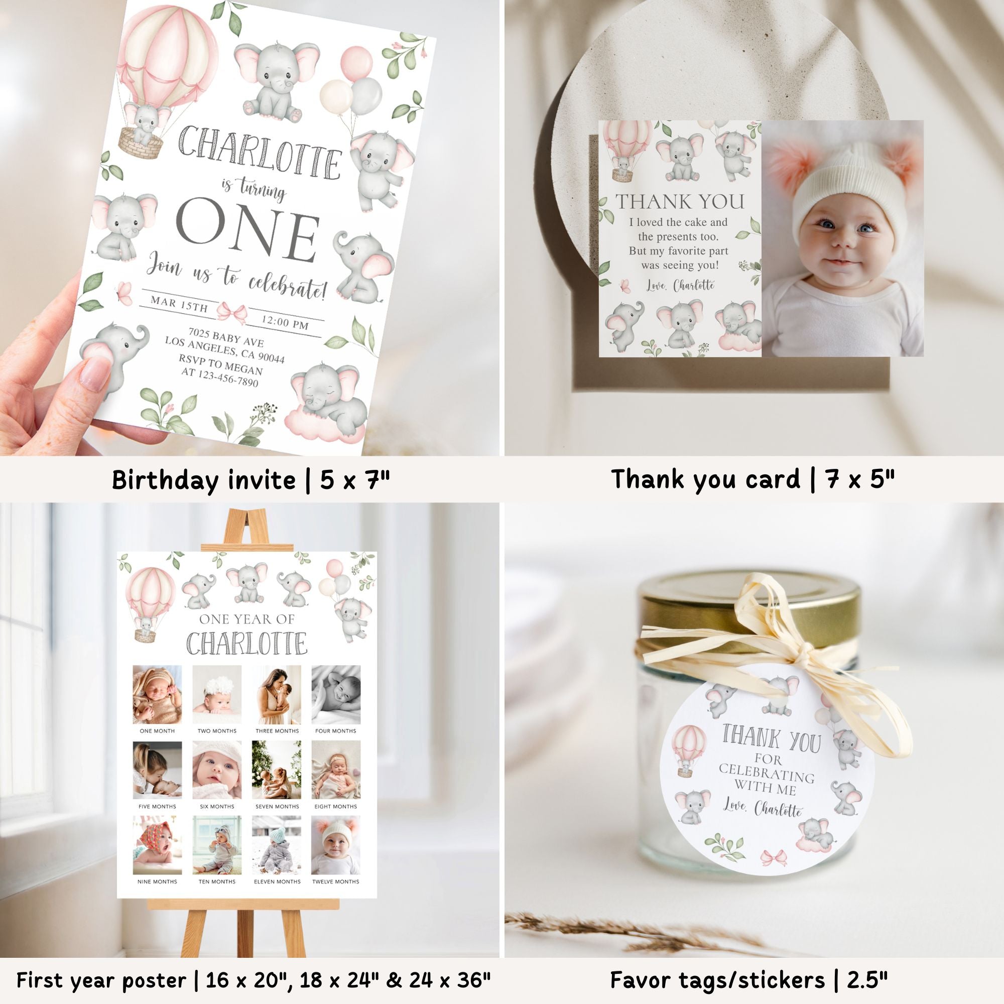 Pink Elephants 1st Birthday Bundle
