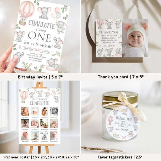 Pink Elephants 1st Birthday Bundle