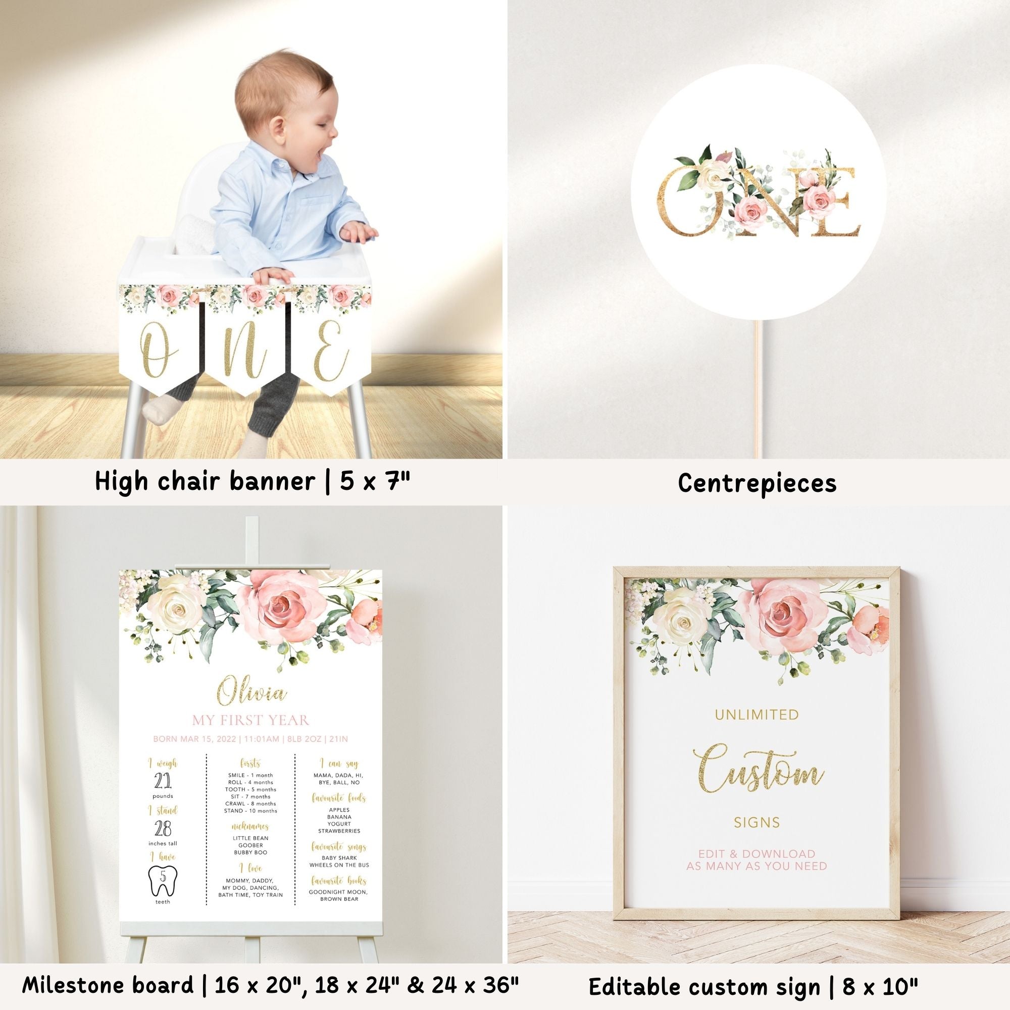 Blush Pink Floral 1st Birthday Bundle