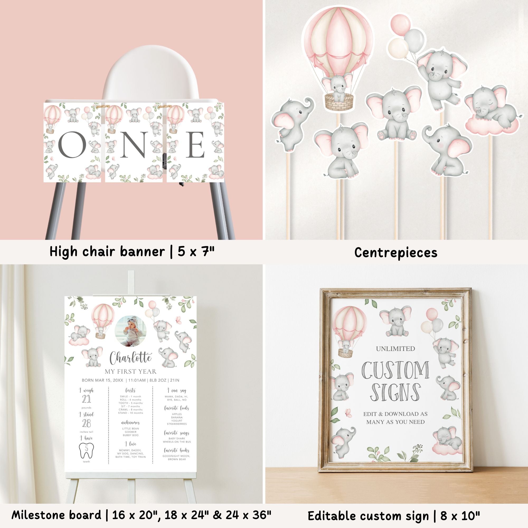 Pink Elephants 1st Birthday Bundle