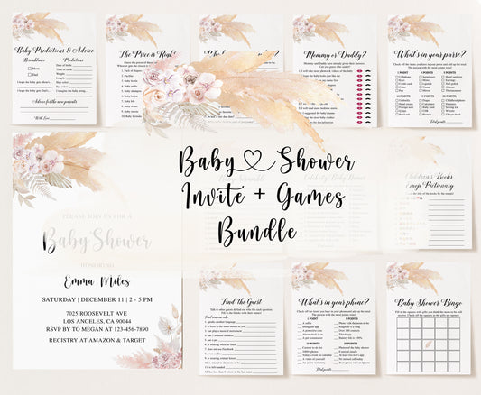 Pampas Bohemian Baby Shower Invite & Games