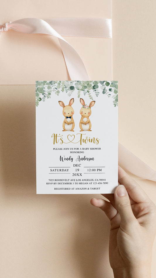 Twin Bunnies Baby Shower Invite