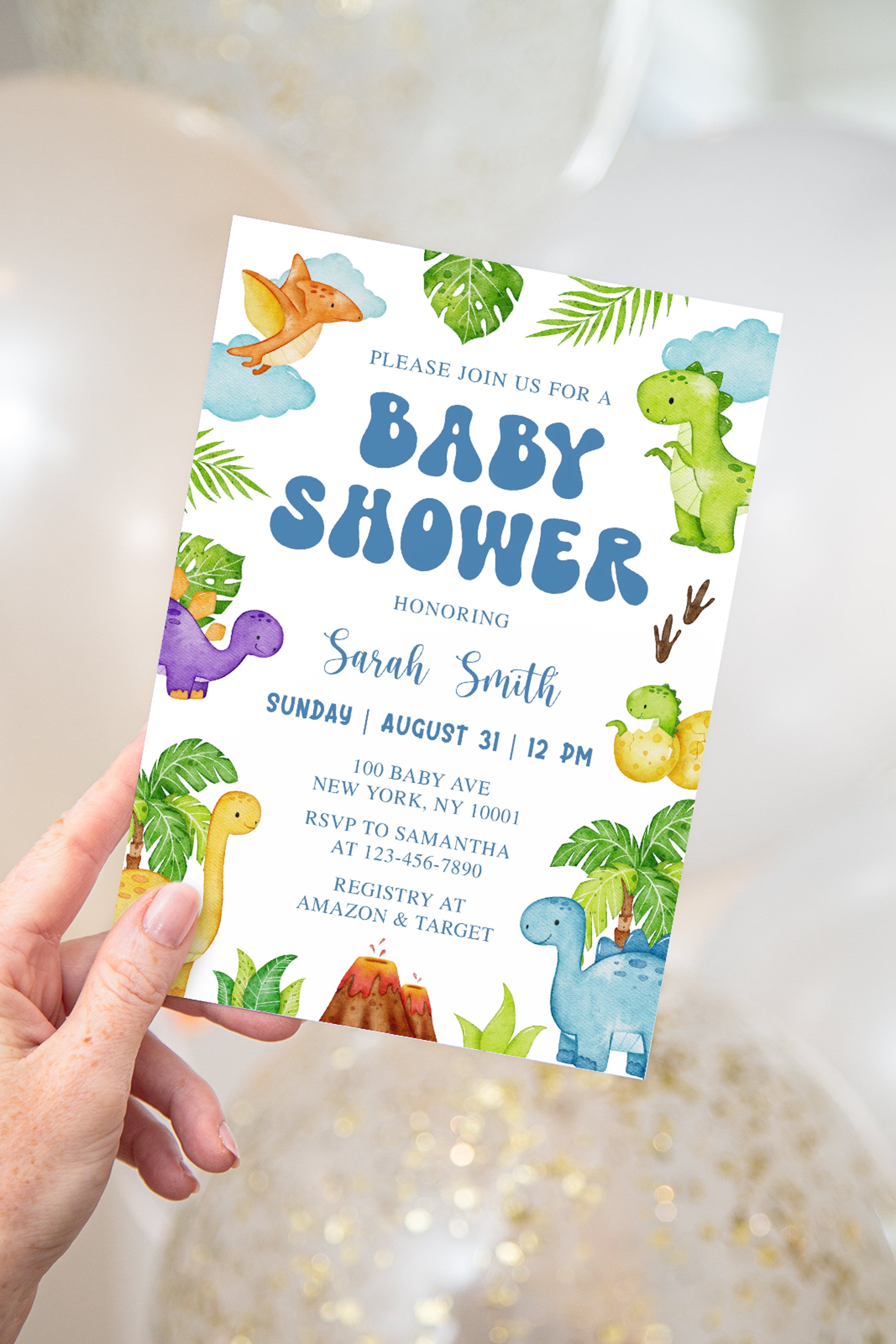 Colorful Dinosaurs Baby Shower Invite & Games