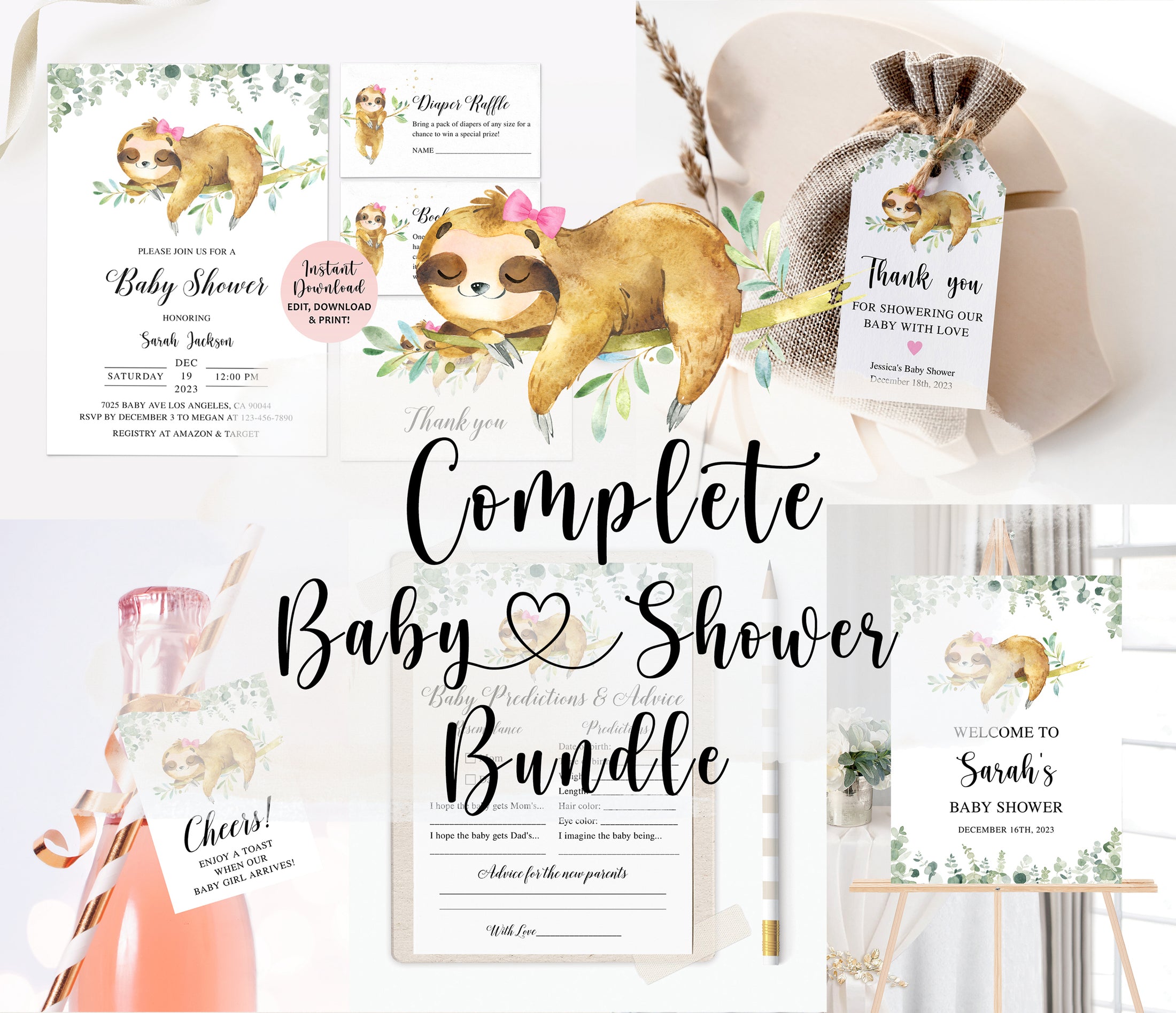 Complete Girl Sloth Baby Shower Bundle