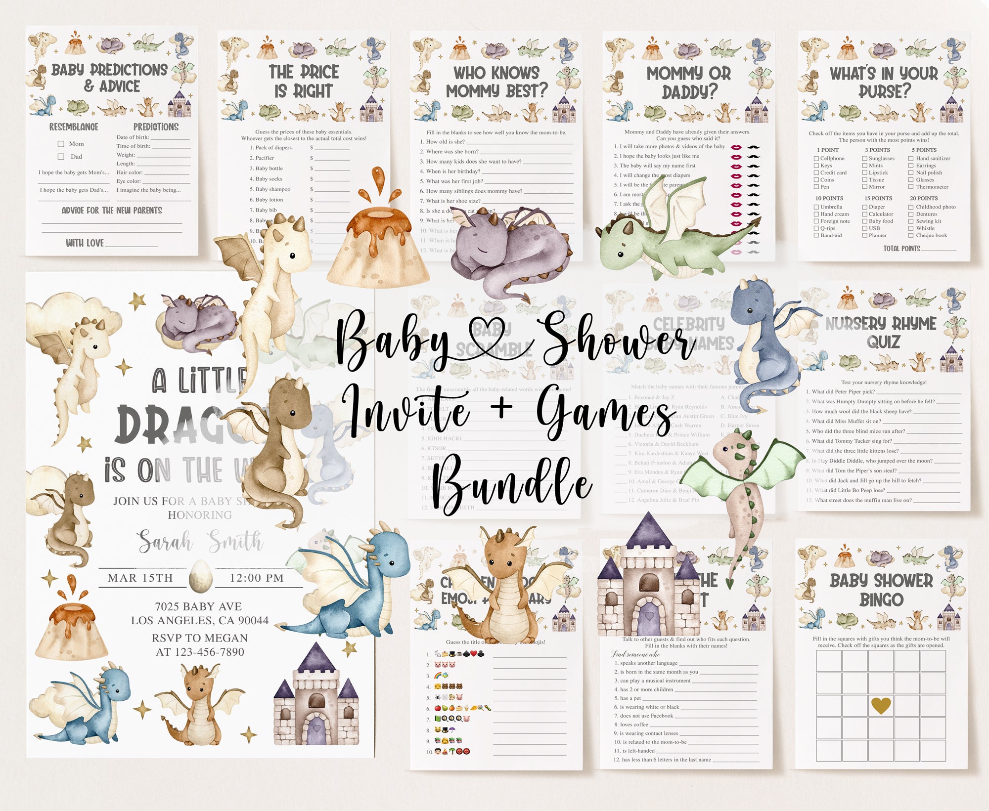 Colorful Dragon Baby Shower Invite & Games