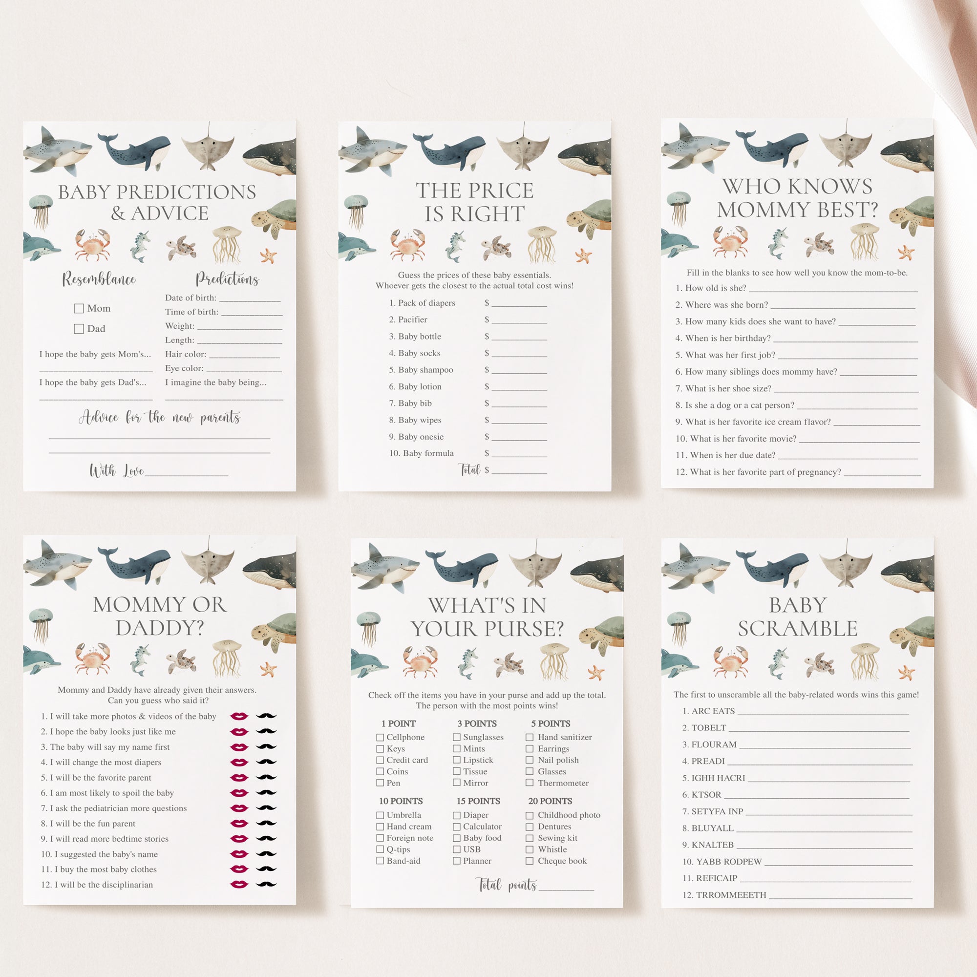 14 Sea Animals Baby Shower Games