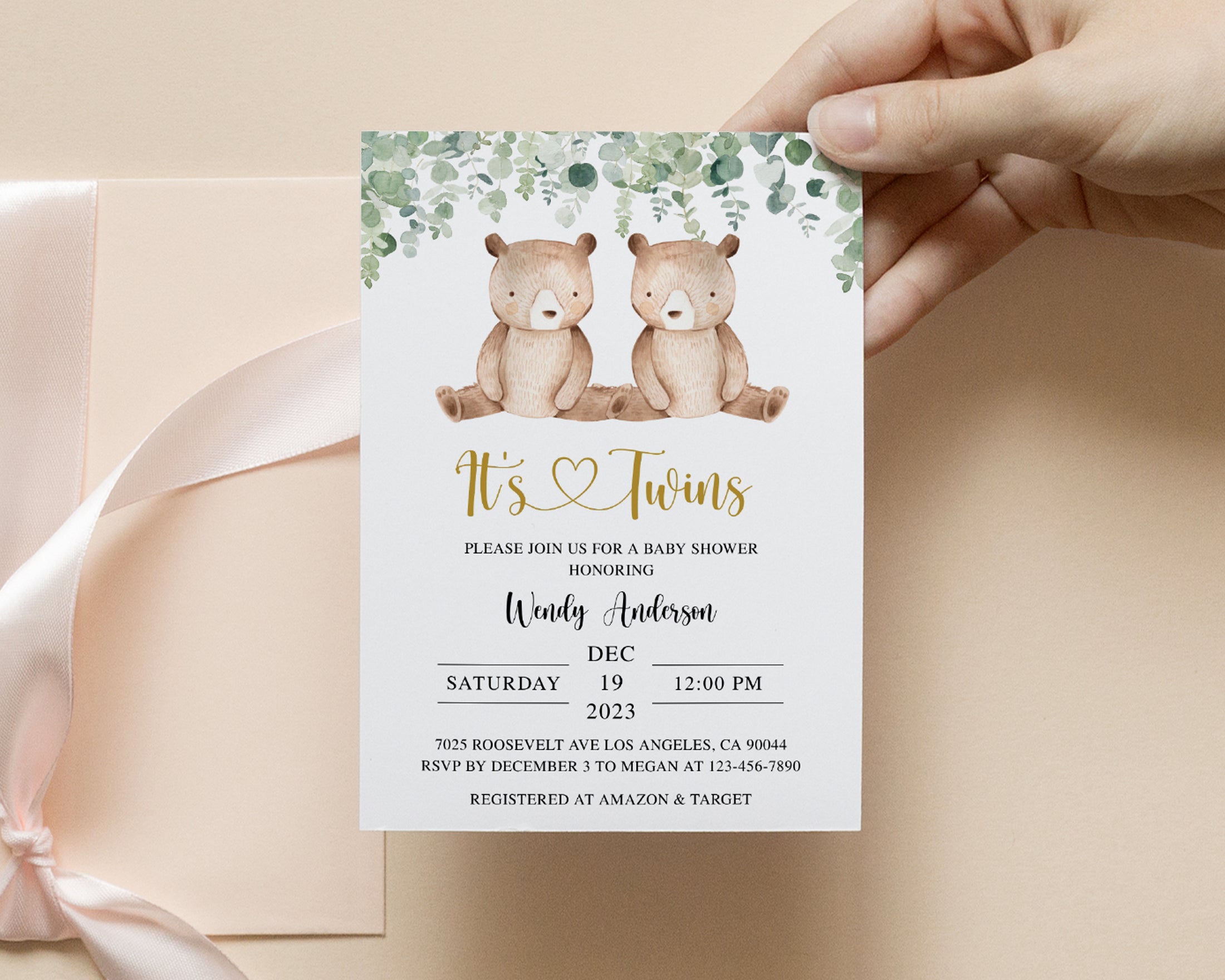 Twin Bears Baby Shower Invite