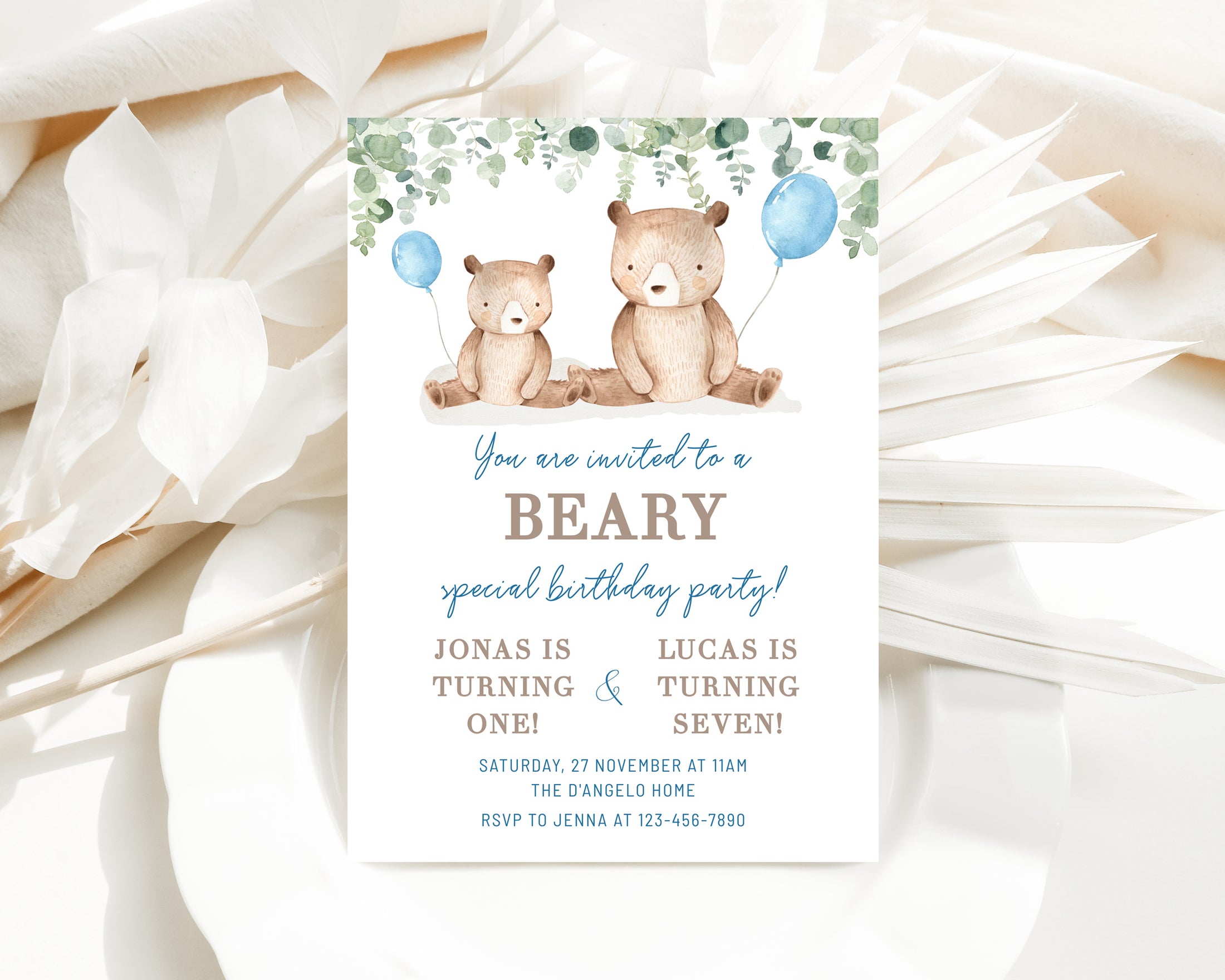 Double Birthday Bear invitation