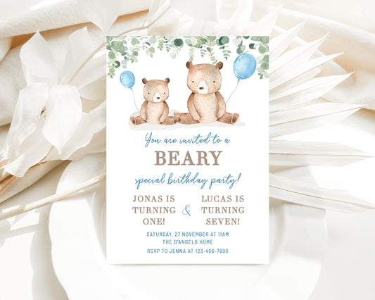 Double Birthday Bear invitation