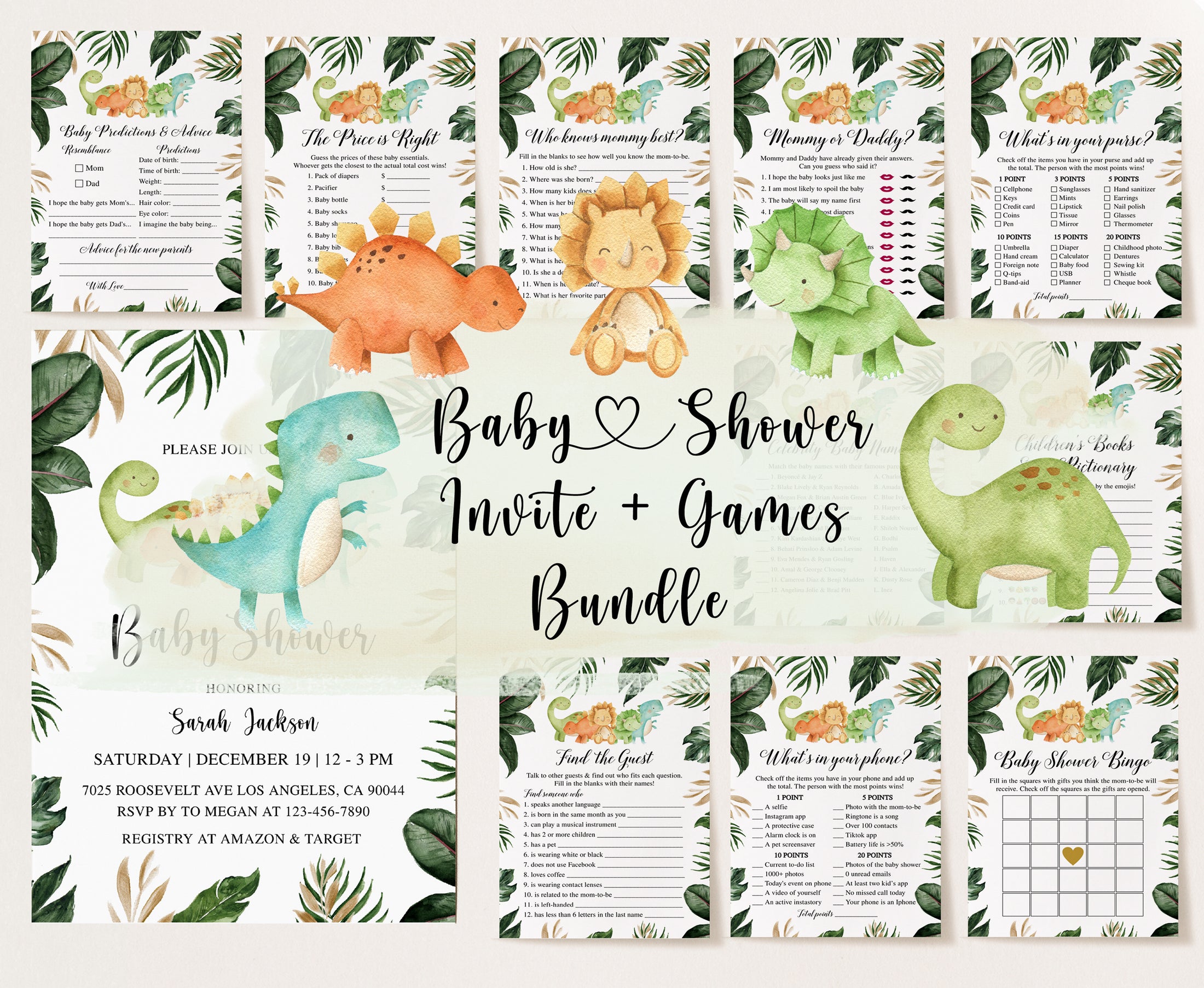 Tropical Dinosaur Baby Shower Invite & Games