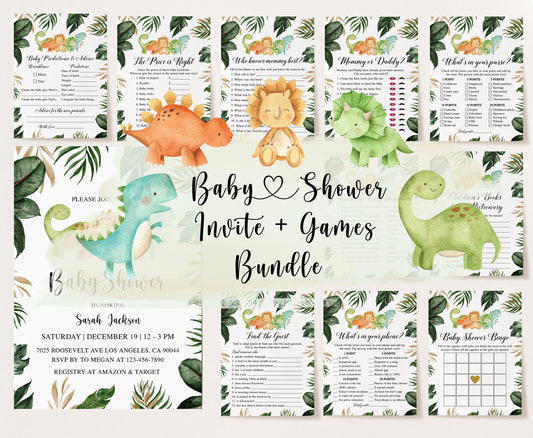 Tropical Dinosaur Baby Shower Invite & Games