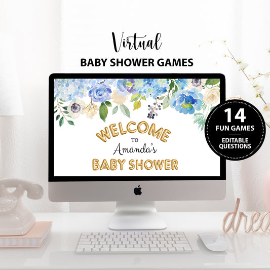 Blue Floral Virtual Baby Shower Games