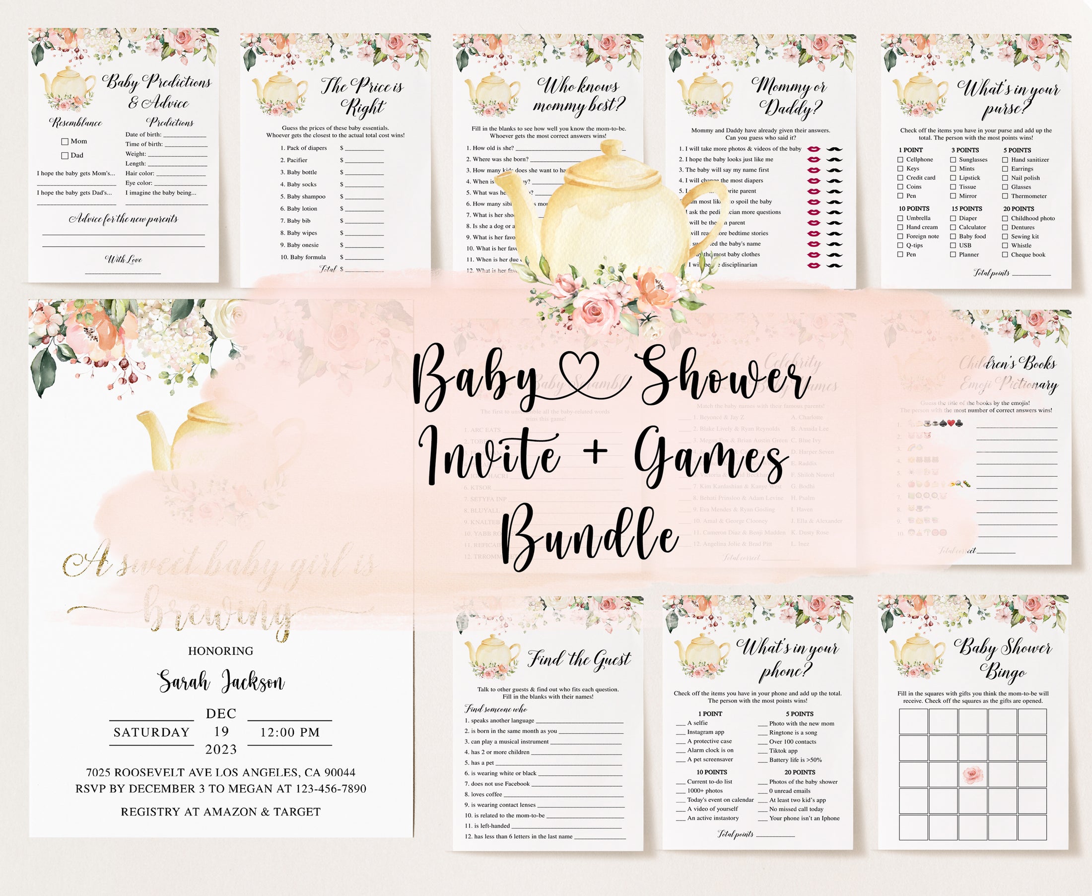 Tea Party Baby Shower Invite & Games