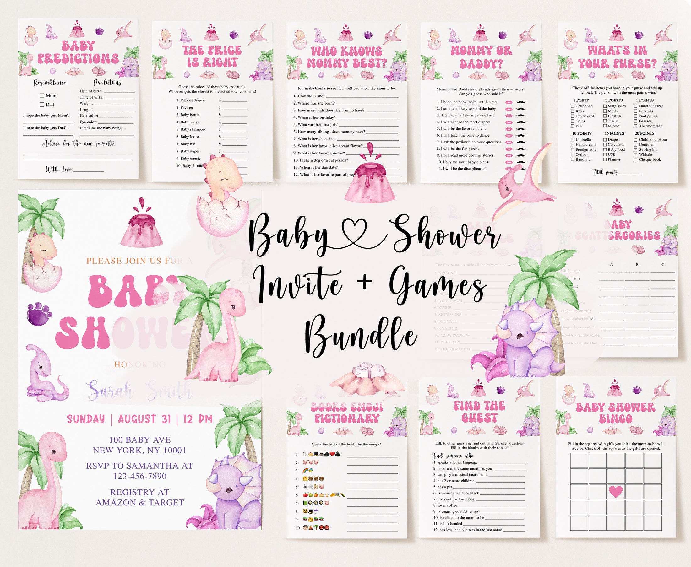 Girl Dinosaur Baby Shower Invite & Games