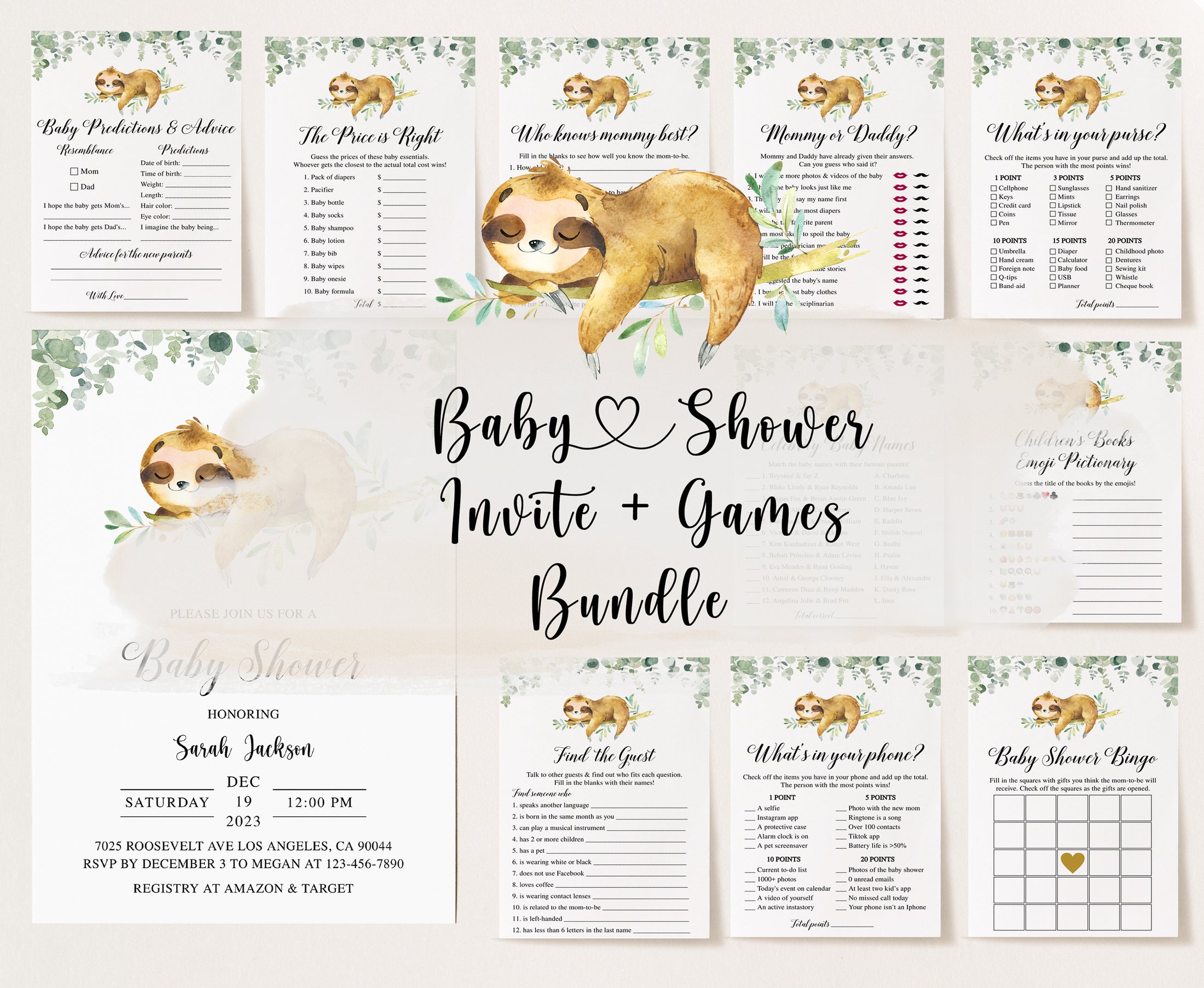 Sloth Baby Shower Invite & Games