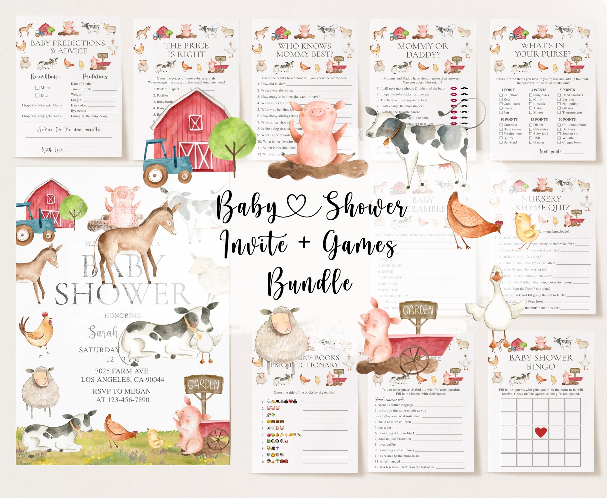 Farm Animals Baby Shower Invite & Games