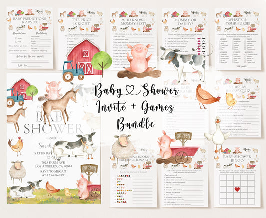 Farm Animals Baby Shower Invite & Games