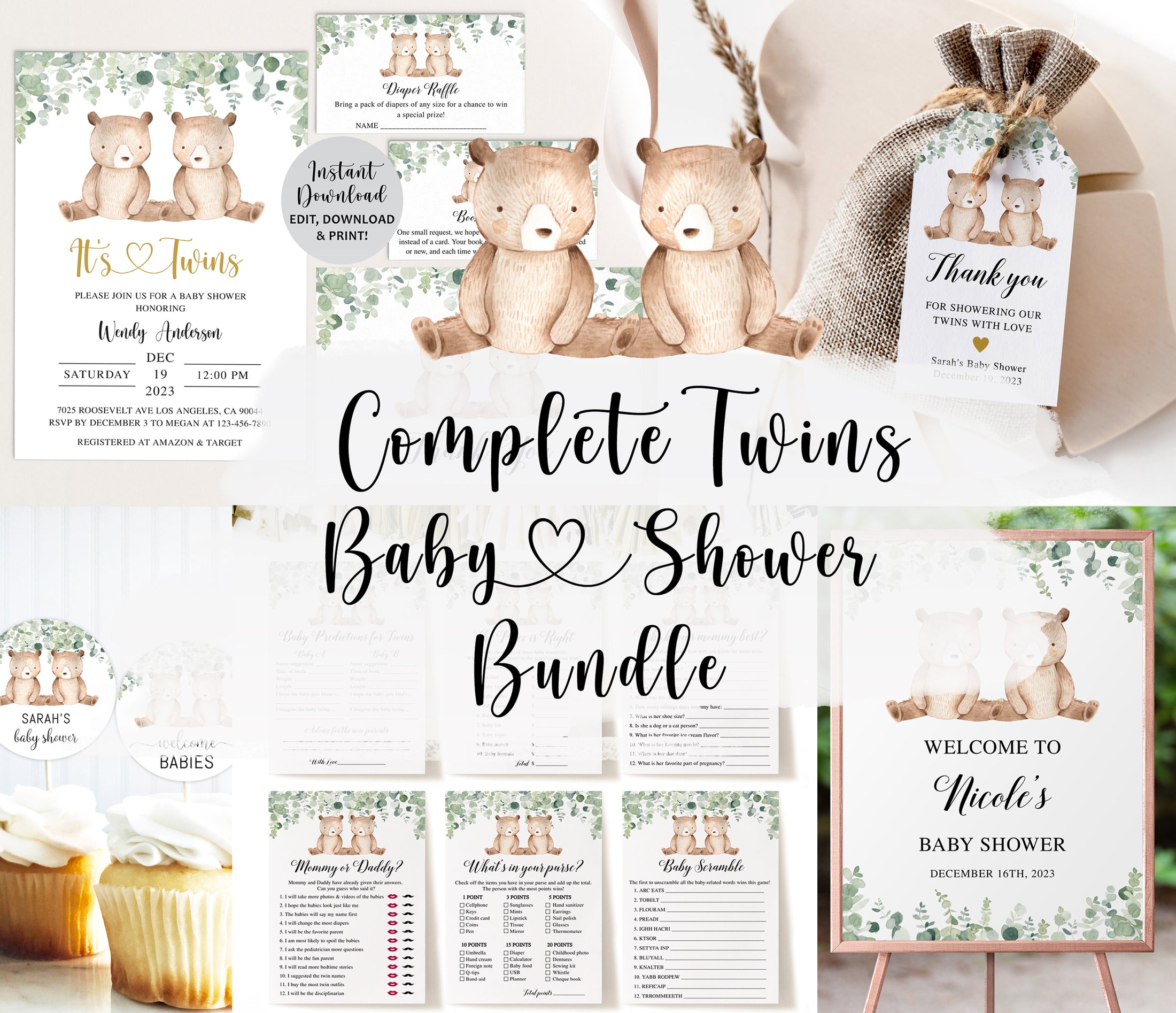 Complete Twin Bears Baby Shower Bundle