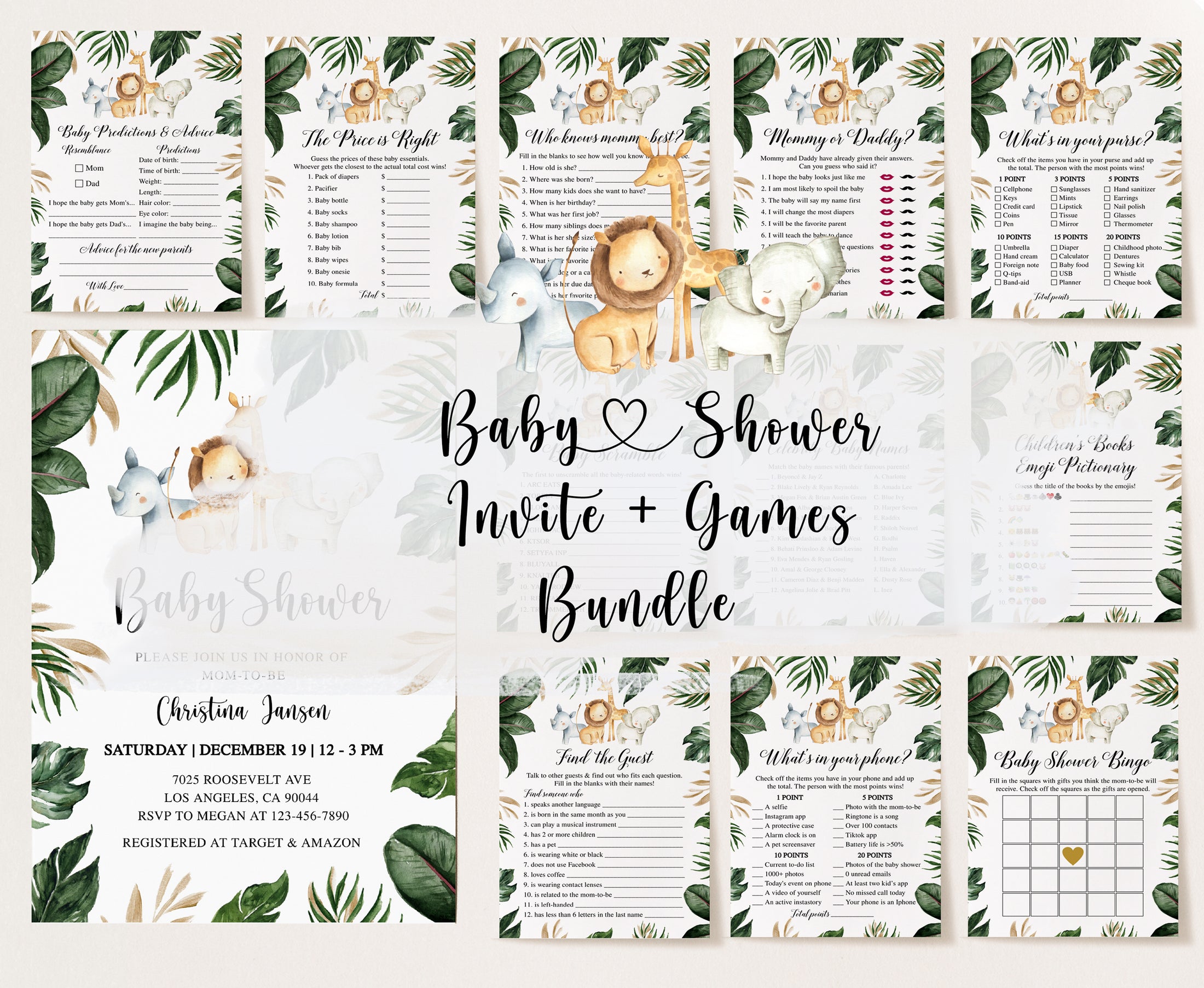 Jungle Animals Baby Shower Invite & Games