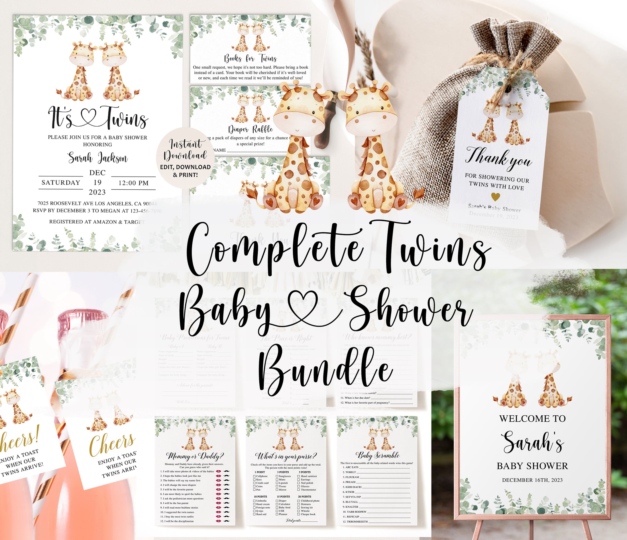 Complete Twin Giraffes Baby Shower Bundle