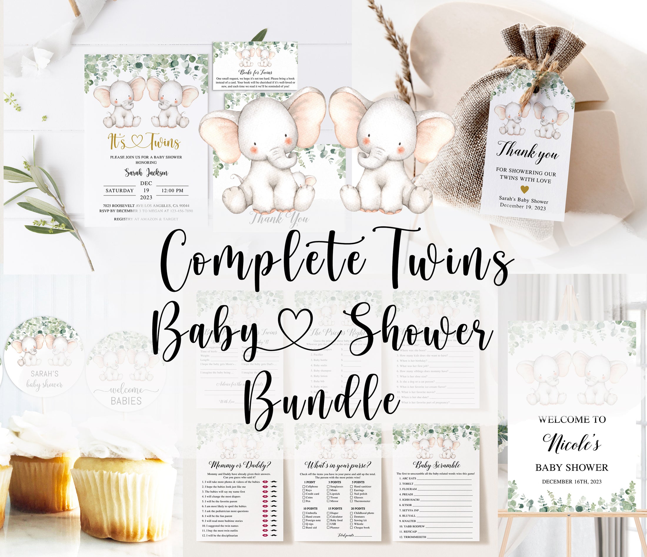 Complete Twin Elephants Baby Shower Bundle