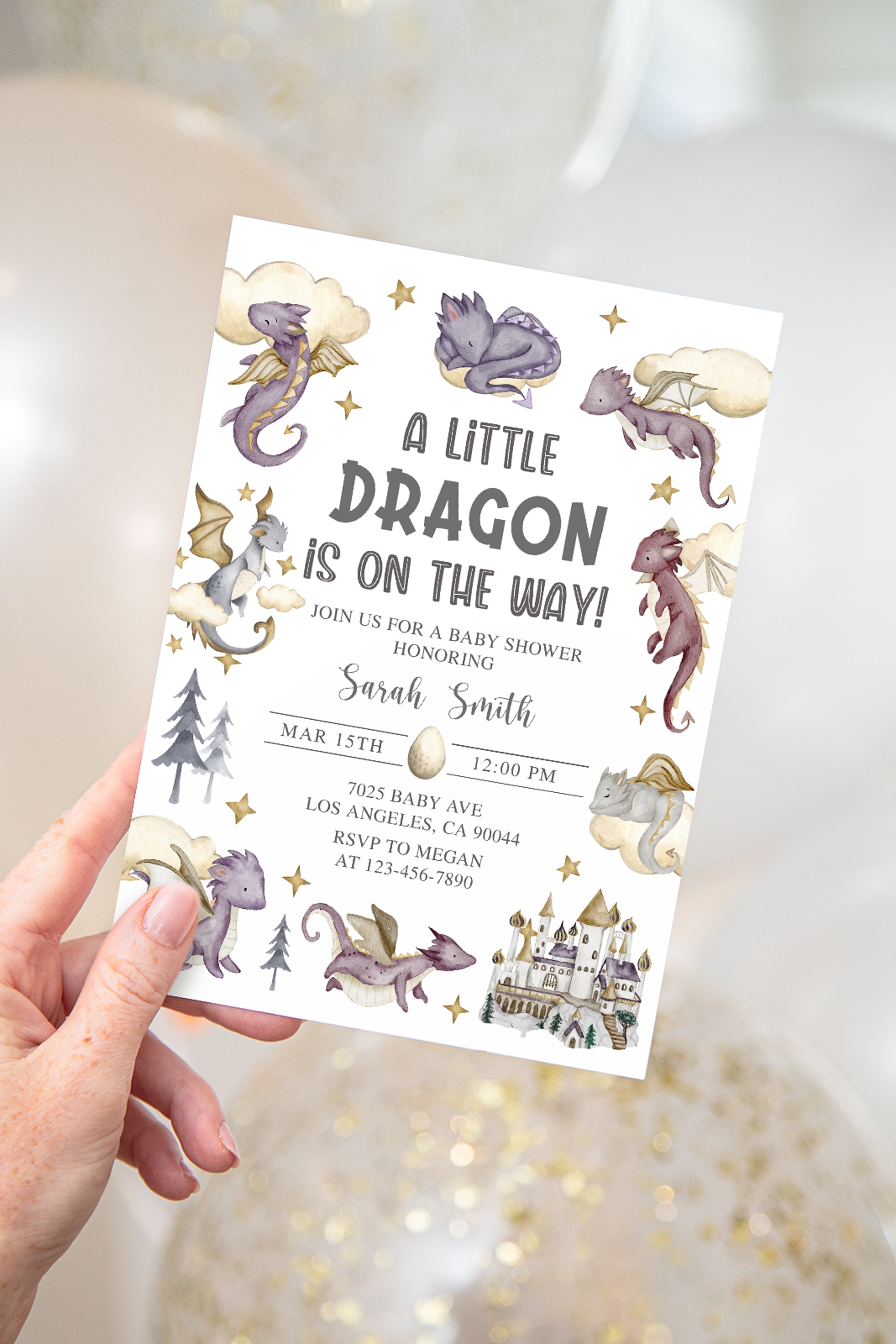 Purple Dragon Baby Shower Invite