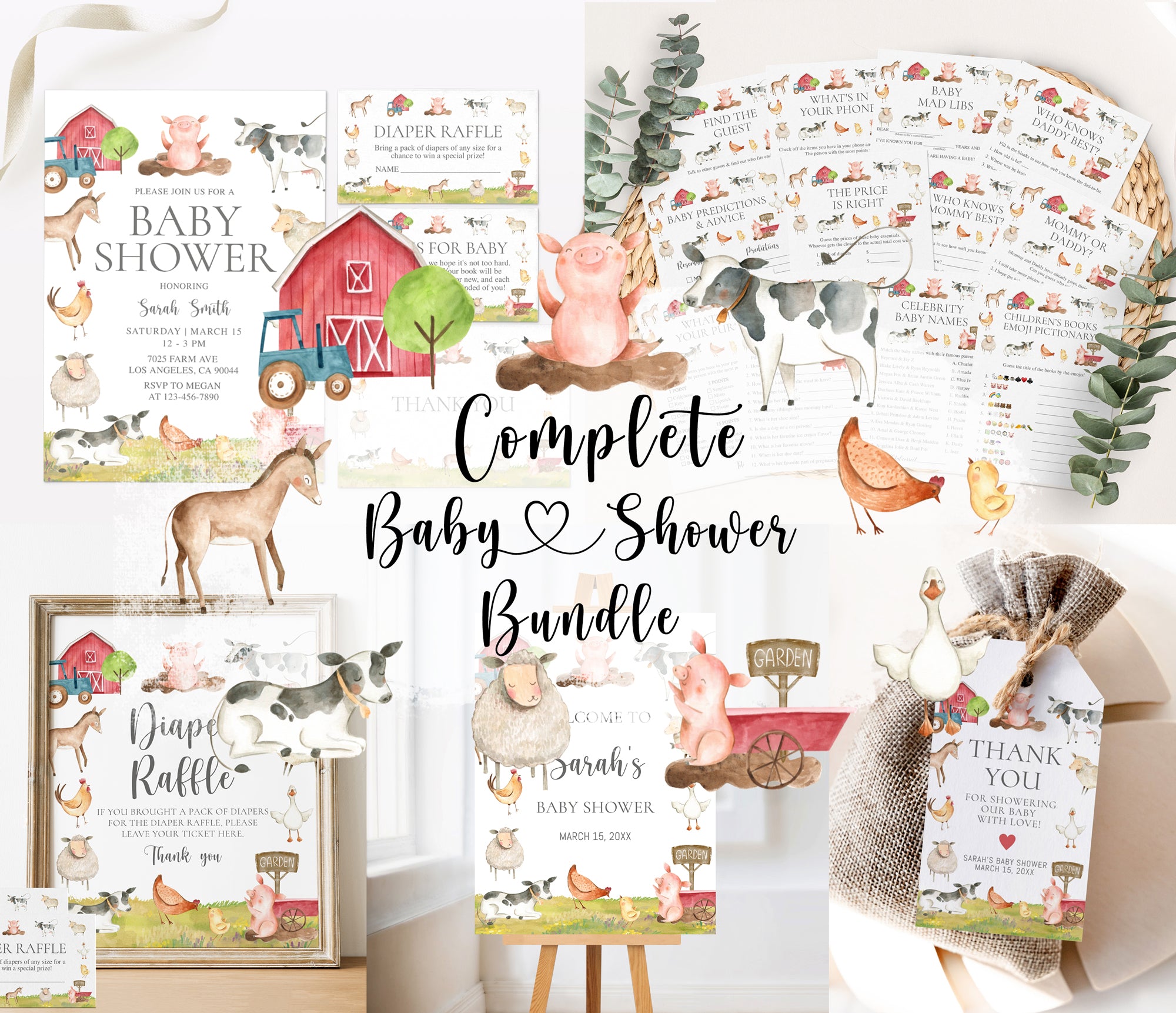 Complete Farm Animals Baby Shower Bundle