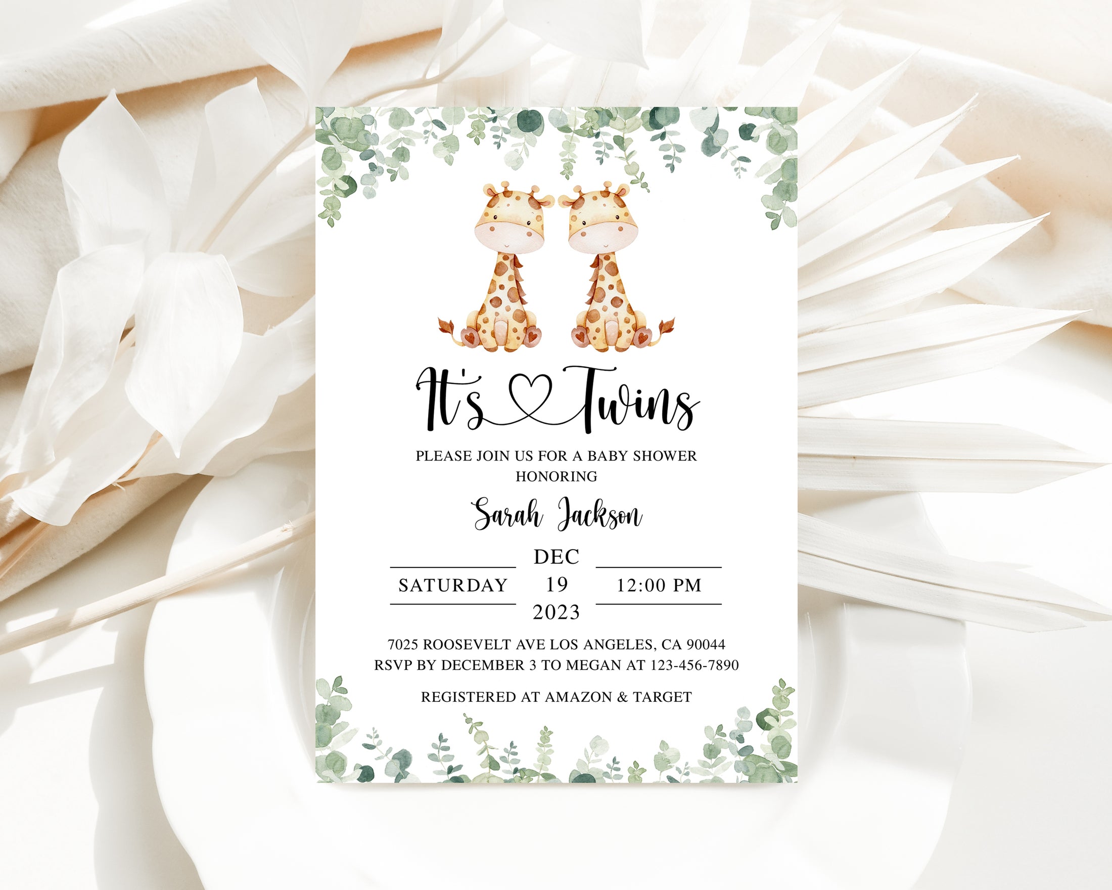 Twin Giraffes Baby Shower Invite