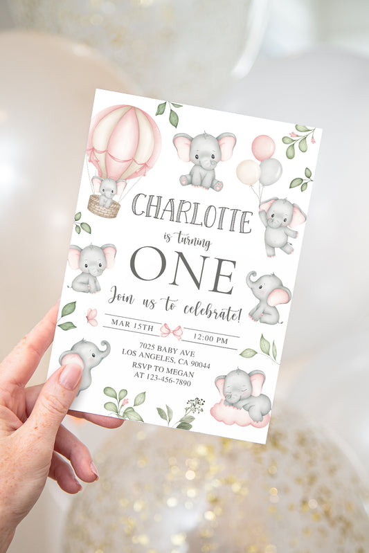 Pink Elephants Birthday Invite