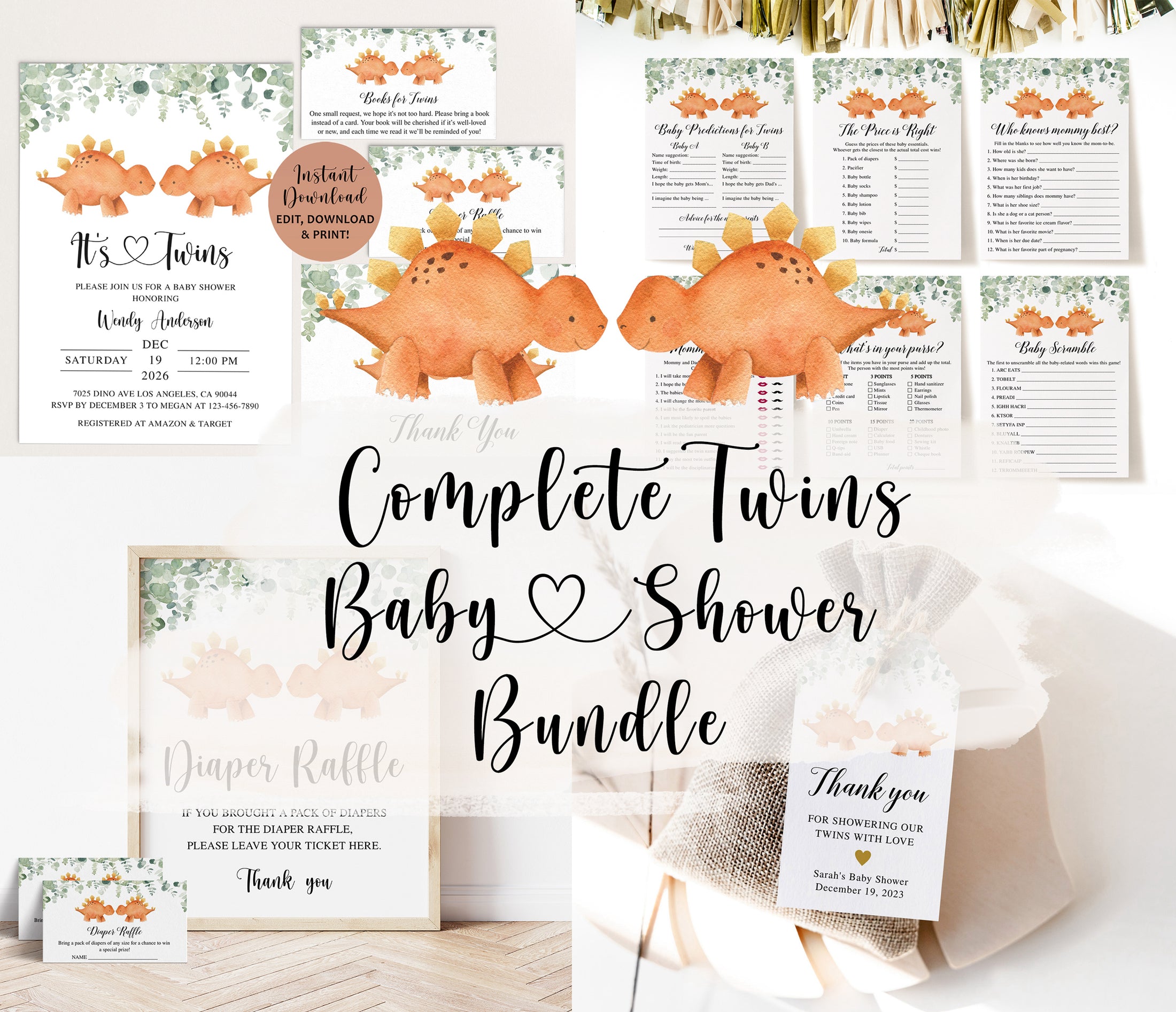 Complete Twin Triceratops Baby Shower Bundle