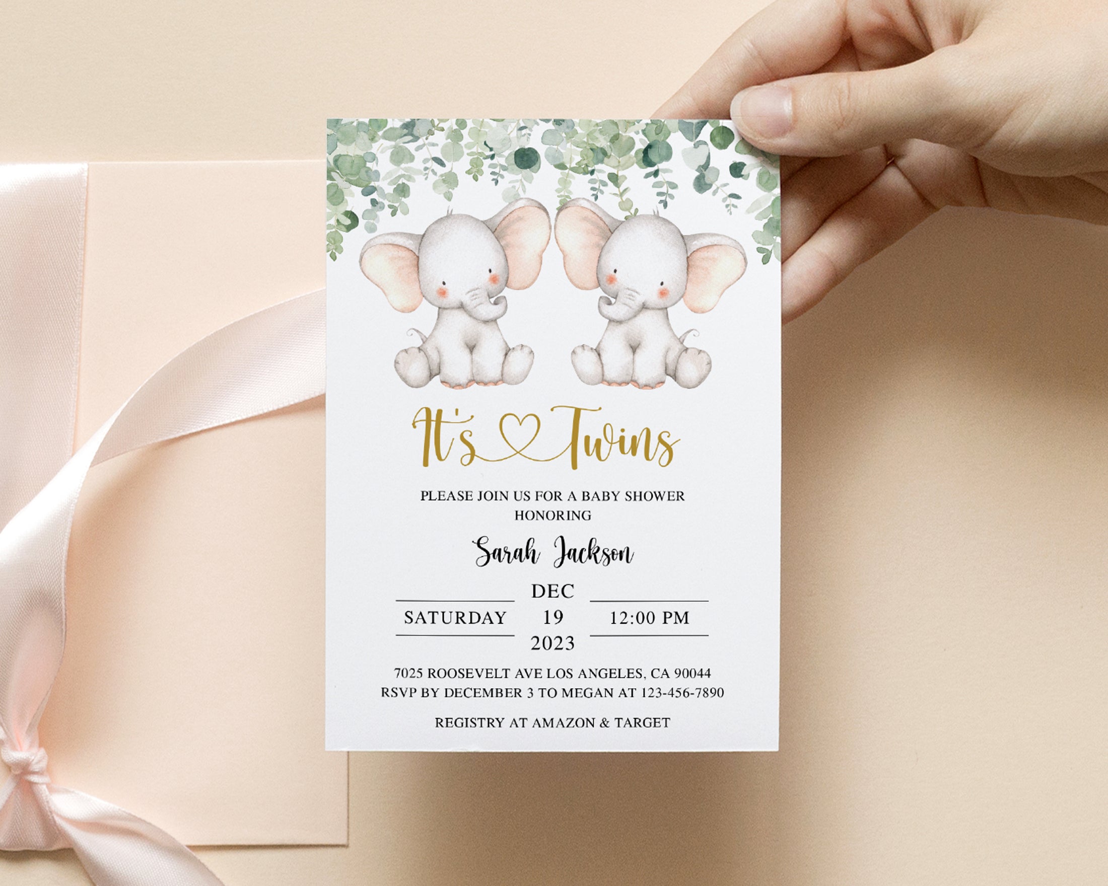 Elephant Twins Baby Shower Invite