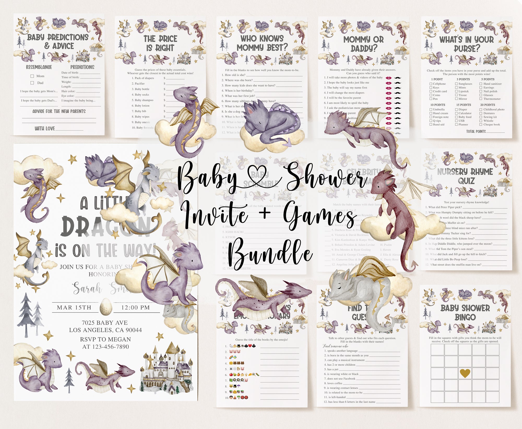 Purple Dragon Baby Shower Invite & Games