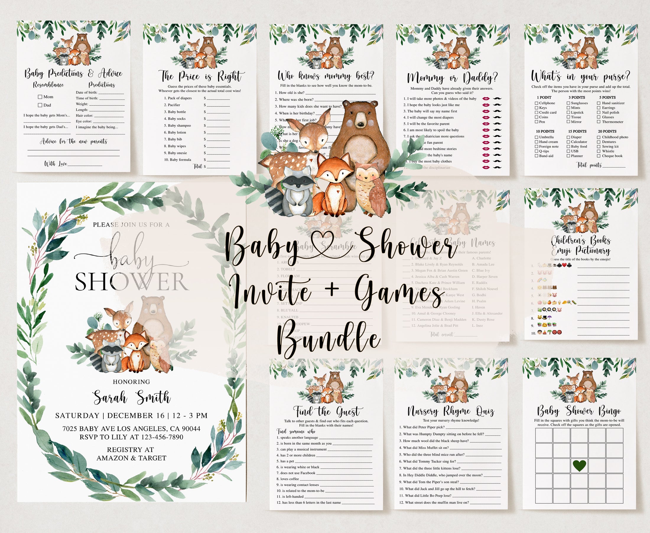 Woodland 2 Baby Shower Invite & Games