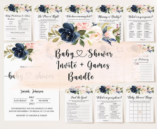 Blush Navy Floral Baby Shower Invite & Games