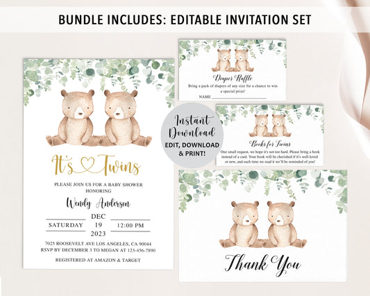 Twin Bears Baby Shower Invite & Games Bundle