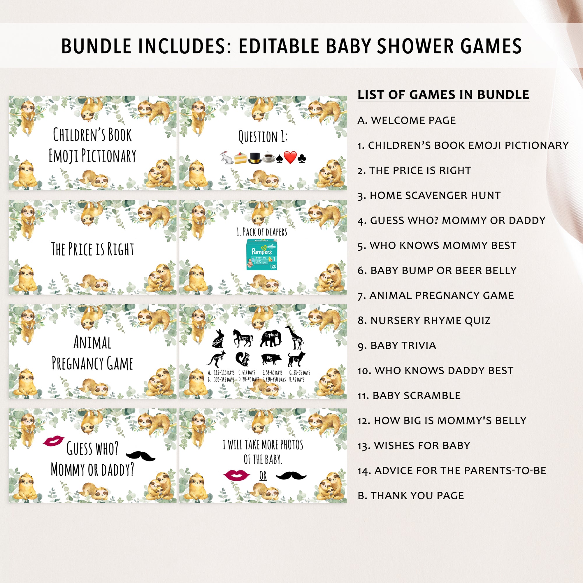 Sloth Virtual Baby Shower Games