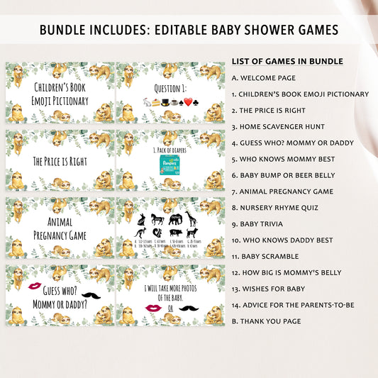 Sloth Virtual Baby Shower Games