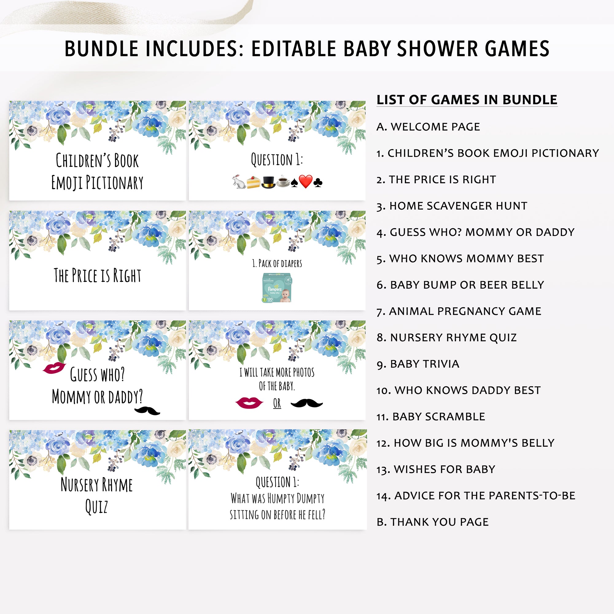 Blue Floral Virtual Baby Shower Games