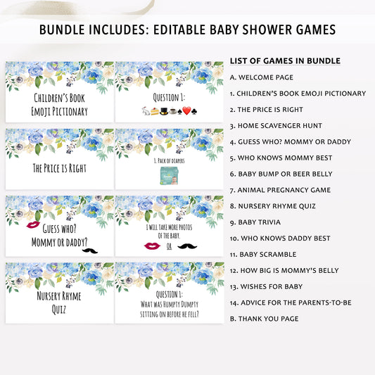 Blue Floral Virtual Baby Shower Games