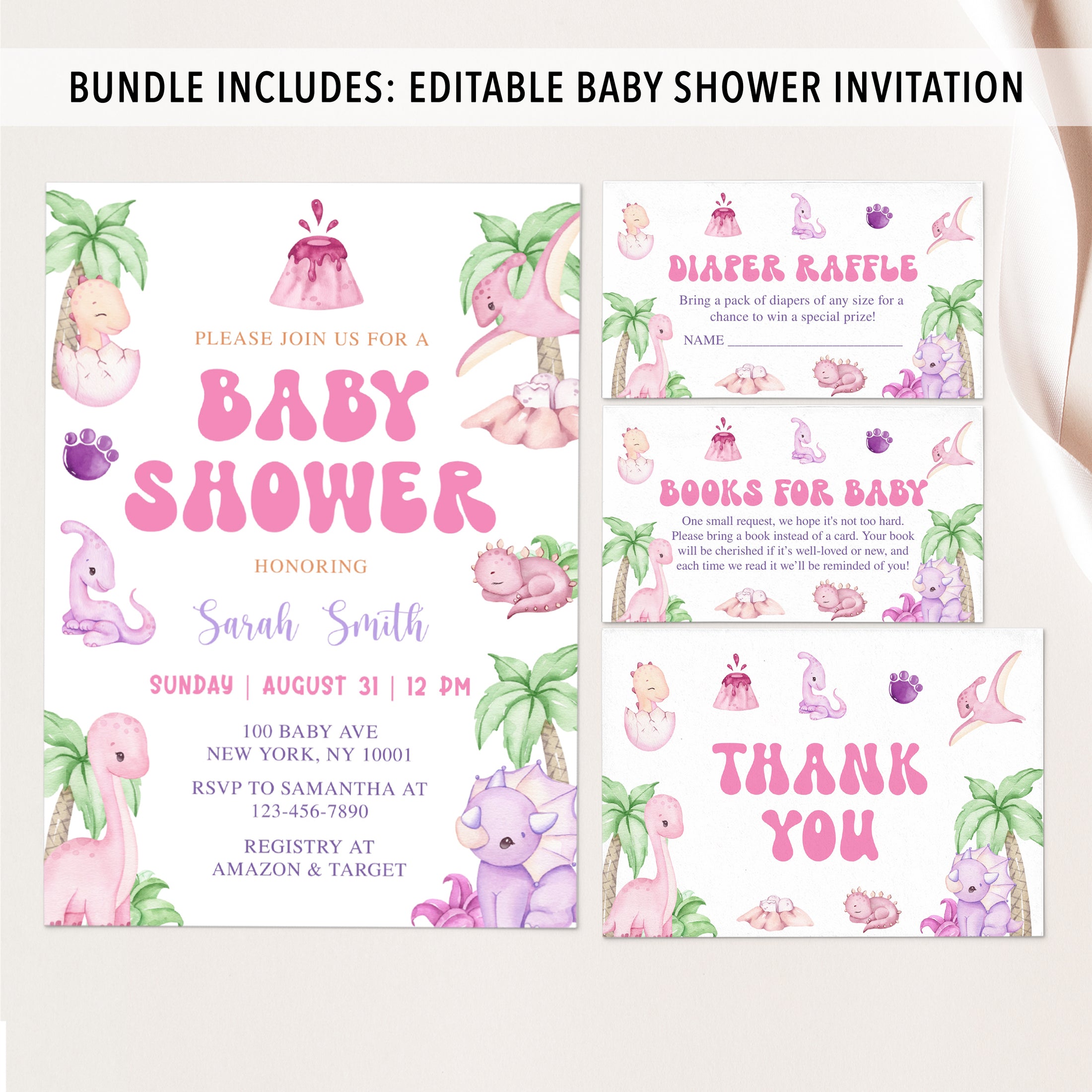 Complete Girl Dinosaur Baby Shower Bundle