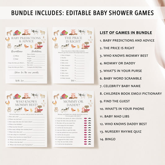 14 Farm Animals Baby Shower Games