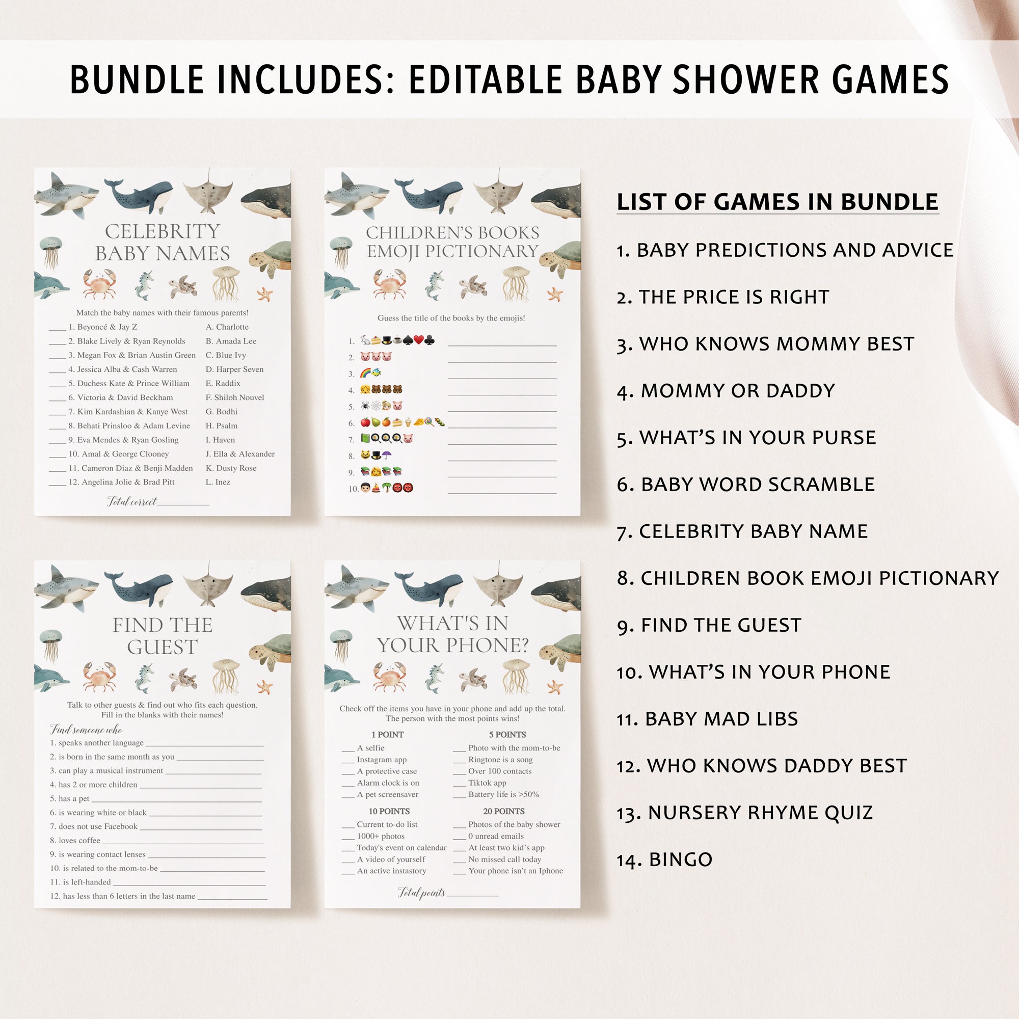 14 Sea Animals Baby Shower Games