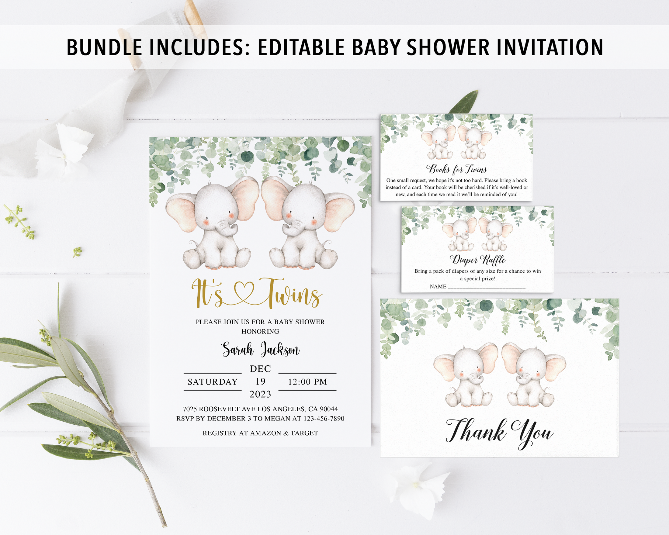 Twin Elephant Baby Shower Invite & Games Bundle